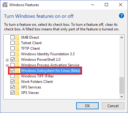 Enable Windows Subsystem for Linux (Beta)